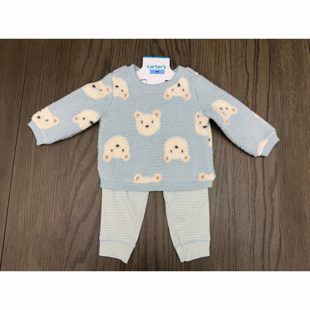 Carter’s 2pc Cozy Set 9M NWT Blue Bear Fleece Top with Stripe Pants